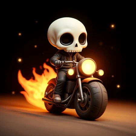A stylized Juaner_clay cartoon character, a small, adorable humanoid figure with a skull head, riding a miniature motorcycle. The skull head is oversized, with smooth, rounded features, large black eye sockets and a cute expression. The character has tiny, simplified limbs. The motorcycle is a chibi-style design, with exaggerated proportions, such as large, round headlights and chunky wheels. The bike emits a surreal, glowing aura, mainly in bright orange and yellow hues, resembling flames, which trail behind as if it’s moving fast. The background is dark, nearly black, with stars, creating a stark contrast that highlights the glowing flames and the motorcycle. There is a slight gradient towards the bottom, blending into a softer brown. The overall style is a blend of cute and edgy, with a focus on bold outlines and vibrant colors, mainly warm tones of orange, yellow, and brown. The lighting is dynamic, with the brightest point being the front headlight and the flames.