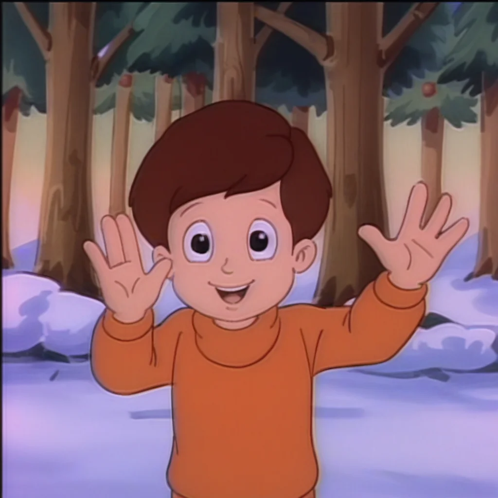 peterwalker, 1boy, human, male child, brown hair, brown eyes, orange sweater, upper body, waving hello, (snowy forest), looking at you, <lora:Peter_Walker_Care_Bears:1>