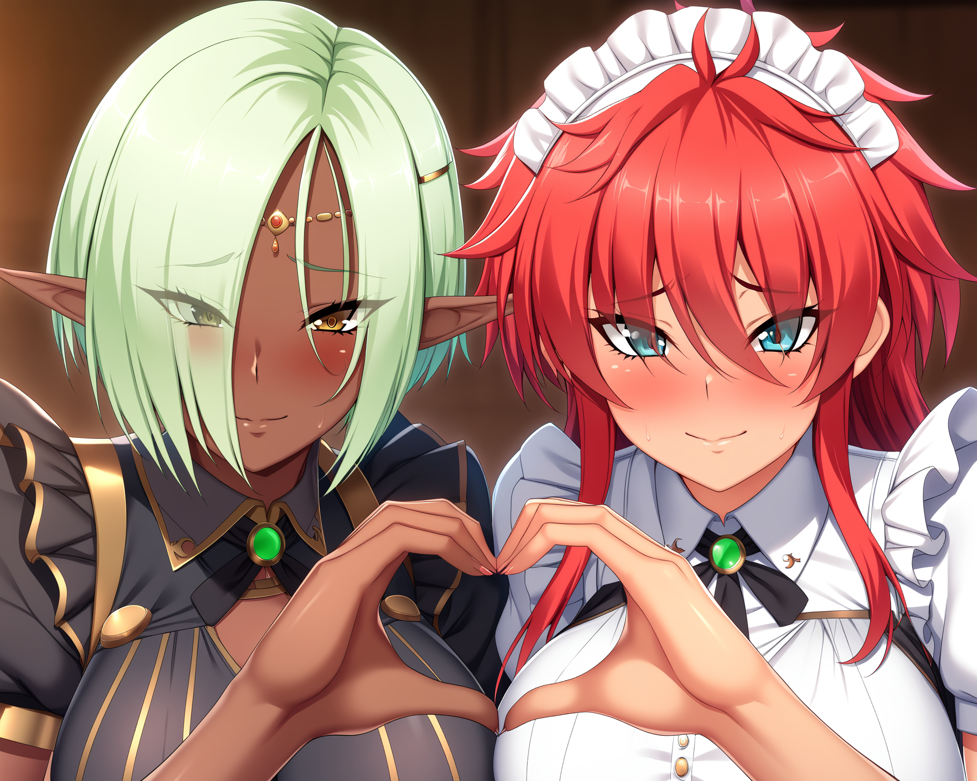 masterpiece, best quality, absurdres, very aesthetiuc, 2girls, ViolaAuris, StellaFons, heart hands duo, white shirt, va's circlet, wing collar, upper body, blush, embarrassed, light smile, closed mouth, raised eyebrows, looking at viewer, eyes visible through hair, maid headdress, <lora:v-s-e-n-anxl-000079:0.65>,,