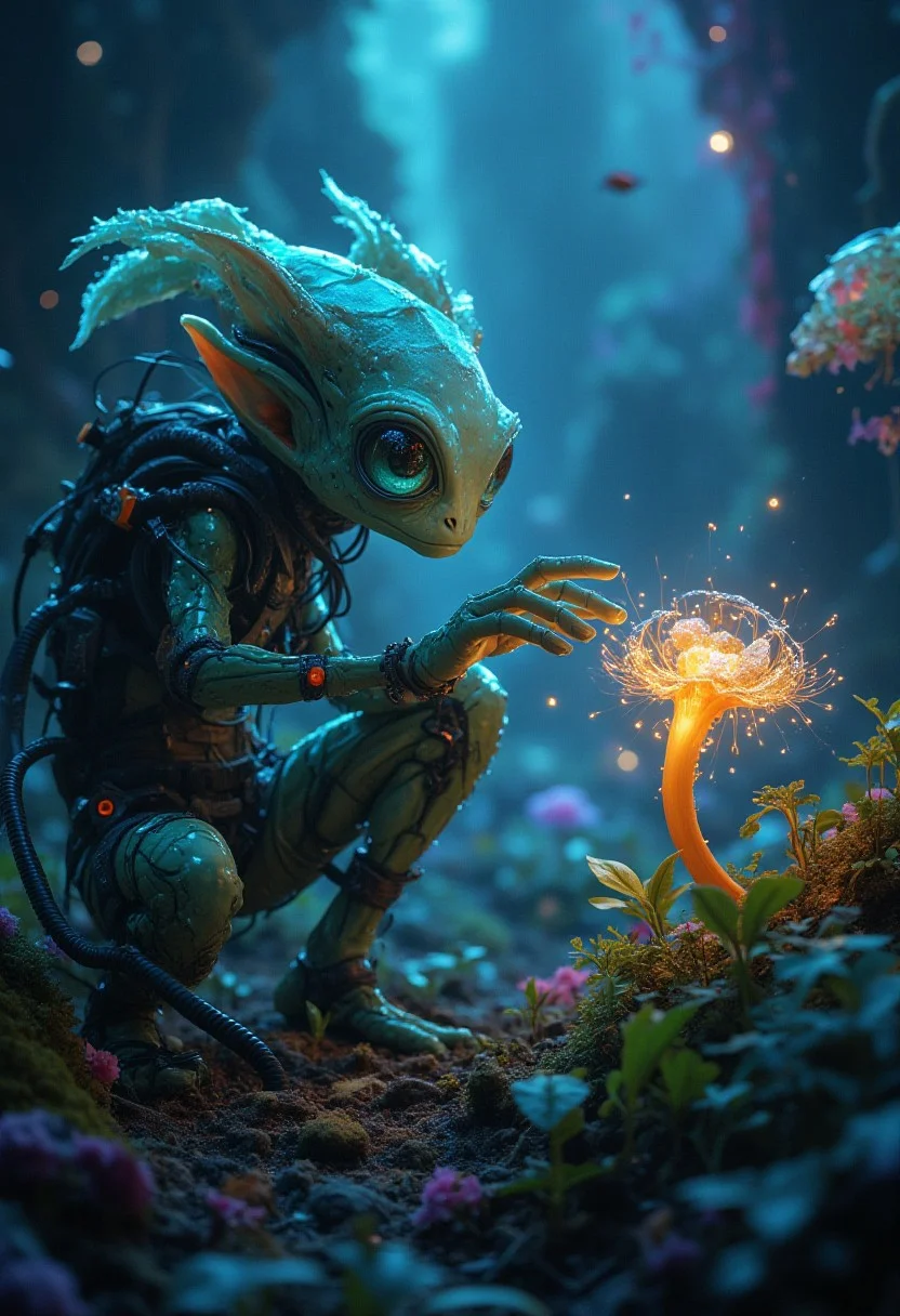 masterpiece, best quality, ultra high definition, masterpiece that captures the captivating charm of a beautiful painting,
An alien botanist with delicate bioluminescent skin and large, inquisitive eyes studies a glowing plant on a distant, unexplored planet. The botanist's tools are advanced, with flying drones that analyze the plant's properties. The landscape around them is lush, with strange, colorful vegetation and floating, jellyfish-like creatures.