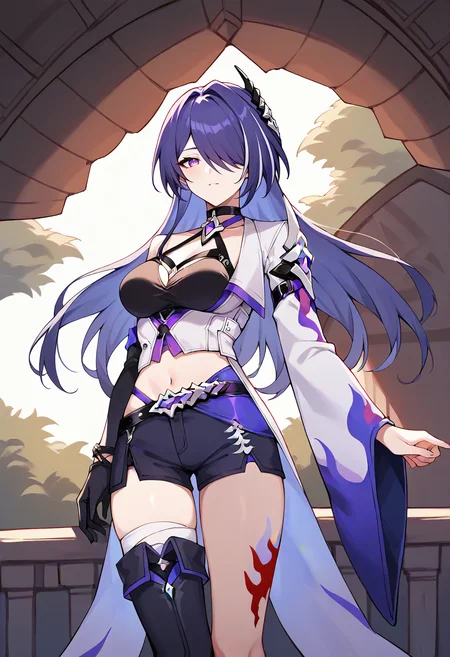 score_9,score_8_up,score_7_up,score_6_up,score_5_up,score_4_up,
1girl, acheron \(honkai: star rail\), long hair, purple hair, purple eyes, hair over one eye, halterneck, crop top, elbow gloves, gloves, shorts, belt, hair ornament, leg tattoo, asymmetrical legwear, medium breasts, thigh boots, choker, wide sleeves,
cowboy shot, outdoors, solo, straight-on, looking at viewer,
<lora:acheronponyxl1:1>