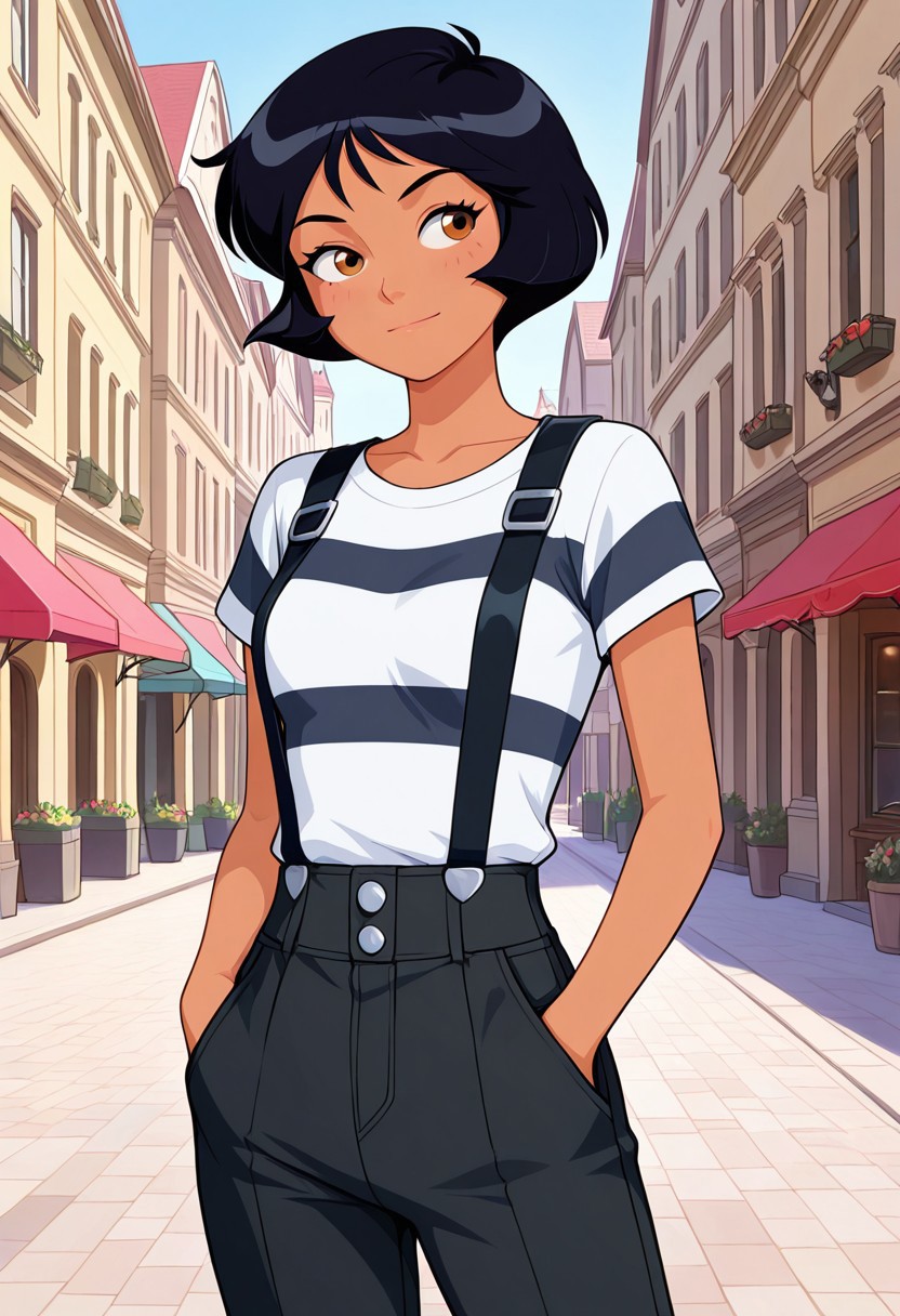 screencap, flat colors, official art, masterpiece, best quality, amazing quality, very aesthetic, high resolution, ultra-detailed, absurdres, newest,
alex_totally_spies, short hair, black hair, brown eyes, dark-skinned female, 1girl, solo, black and white striped shirt, short sleeves, black pants, suspenders, sexy, beautiful, detailed, high detailed, paris background, standing, hands in pockets, looking to the side