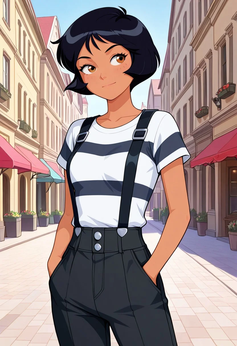 screencap, flat colors, official art, masterpiece, best quality, amazing quality, very aesthetic, high resolution, ultra-detailed, absurdres, newest,
alex_totally_spies, short hair, black hair, brown eyes, dark-skinned female, 1girl, solo, black and white striped shirt, short sleeves, black pants, suspenders, sexy, beautiful, detailed, high detailed, paris background, standing, hands in pockets, looking to the side