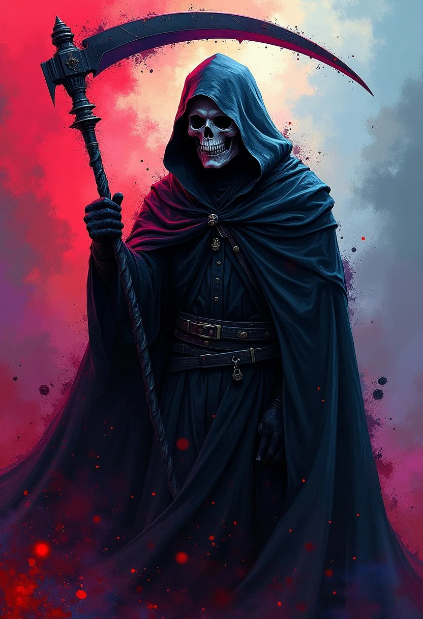 splash art, portrait of the grim reaper, black cape, skull, scythe, vibrant surreal colours, reds, purples, blues, pinks