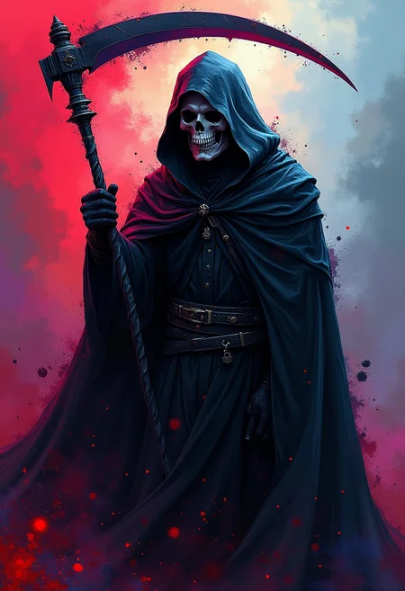 splash art, portrait of the grim reaper, black cape, skull, scythe, vibrant surreal colours, reds, purples, blues, pinks