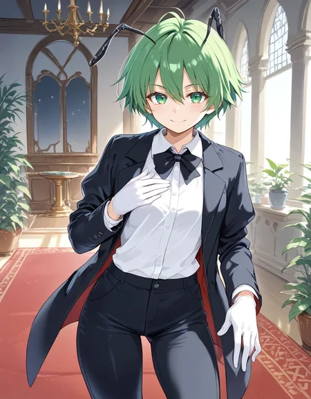 score_9, score_8_up, score_7_up,  <lora:sdxl_lightning_8step_lora:1> BREAK 
source_anime, best quality, masterpiece, rating_safe <lora:Copics_v2:0.3:lbw=1,1,1,0,0,0,1,1,1,1,1,1> BREAK 
1girl,solo,   BREAK 
<lora:wriggle_nrm_pony:1> wriggleN, wriggle nightbug, antennae, green hair, short hair, hair between eyes, green eyes,tomboy, 
butler, black jacket, white shirt, white collared shirt, female butler, black pants, suit,tailcoat, white gloves, traditional bow tie,
standing,smile, closed smile, looking at viewer, inside, carpet, plant, window, victorian,