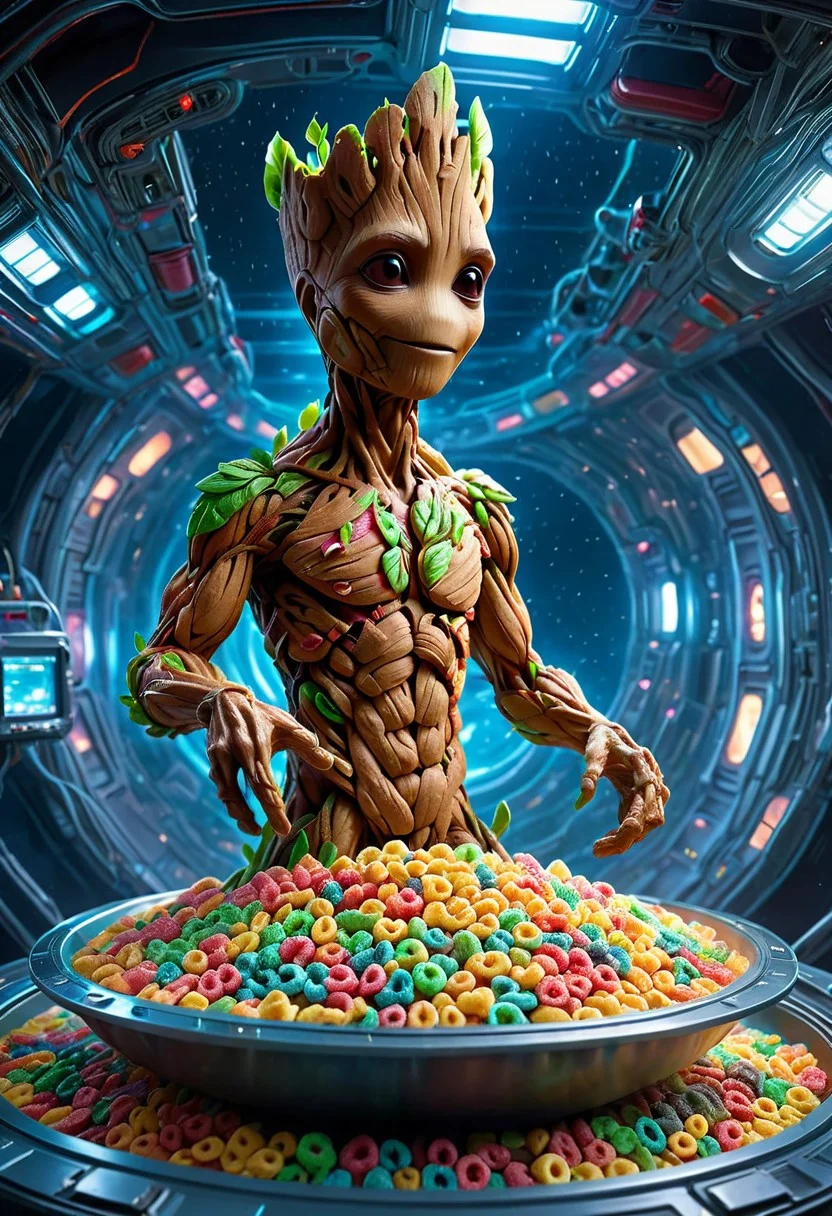 made of Fruit loops , epic digital picture of Groot  from guardians of the galaxy  on their spaceship  highly detailed, at night, rainy, masterpiece, dramatic cinematic lighting, unforgettable, very intricate, high detail , photorealistic detail, ultra-realism , photorealistic,  ultra detailed ,octane render,    <lora:FruitLoopStyle_epoch_9:0.4>