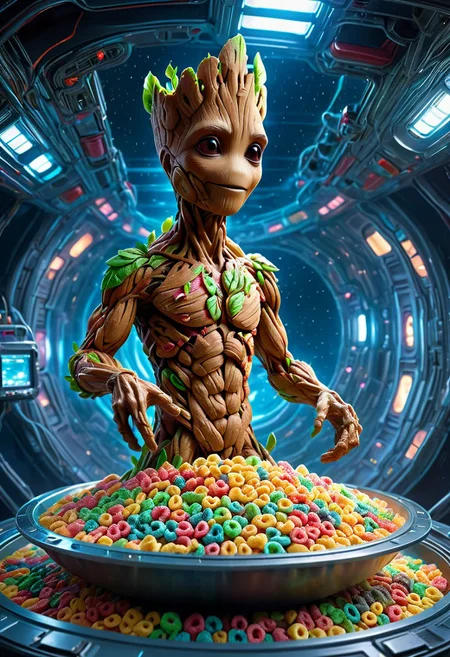made of Fruit loops , epic digital picture of Groot  from guardians of the galaxy  on their spaceship  highly detailed, at night, rainy, masterpiece, dramatic cinematic lighting, unforgettable, very intricate, high detail , photorealistic detail, ultra-realism , photorealistic,  ultra detailed ,octane render,    <lora:FruitLoopStyle_epoch_9:0.4>