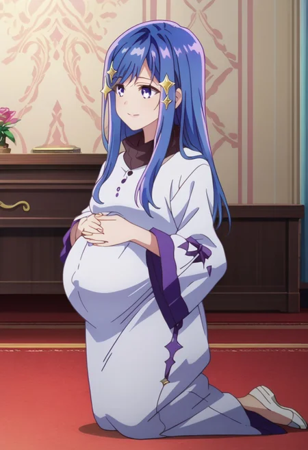 score_9, score_8_up, score_7_up, best quality, masterpiece, 4k, perfect lighting, very aesthetic, anime, anime coloring, official art, anime screencap,
OverallDetail, fFaceDetail,
bedroom, happy, huge pregnant belly, hand on belly,
Maha, long hair, blue hair, purple eyes, hair ornament,
full body,
<lora:Pregnant Bump:1>