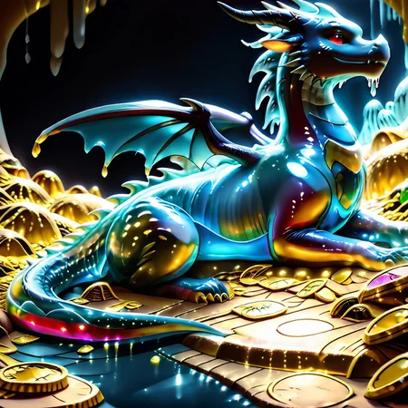 1dragon, highly detailed black dragon, black dragon made out of slime, scaly black slime dragon, slime dragon with red eyes, black slime dragon laying in its hoard, black slime dragon with wings, dragon wings, detailed claws, detailed feet, detailed tail,
multi-colored gems made out of slime, in a room of treasure made out of slime, tiny gold coins and bars made out of slime, piles of tiny coins, piles of tiny gold slime coins, piles of gold slime, tiny gold slime coins, only tiny coins, translucent slime coins,
treasure-room, treasure, gemstone, coins, gold bars, gold pile,
everything made of slime, No simple background,
((translucent slime)), ((transparent slime)), (bioluminescent slime), sl1m3, slime, ais-blmn, watce, je11y, thickwater, great lighting, ral-lava, even lighting, no bright spots, saturated colors,
