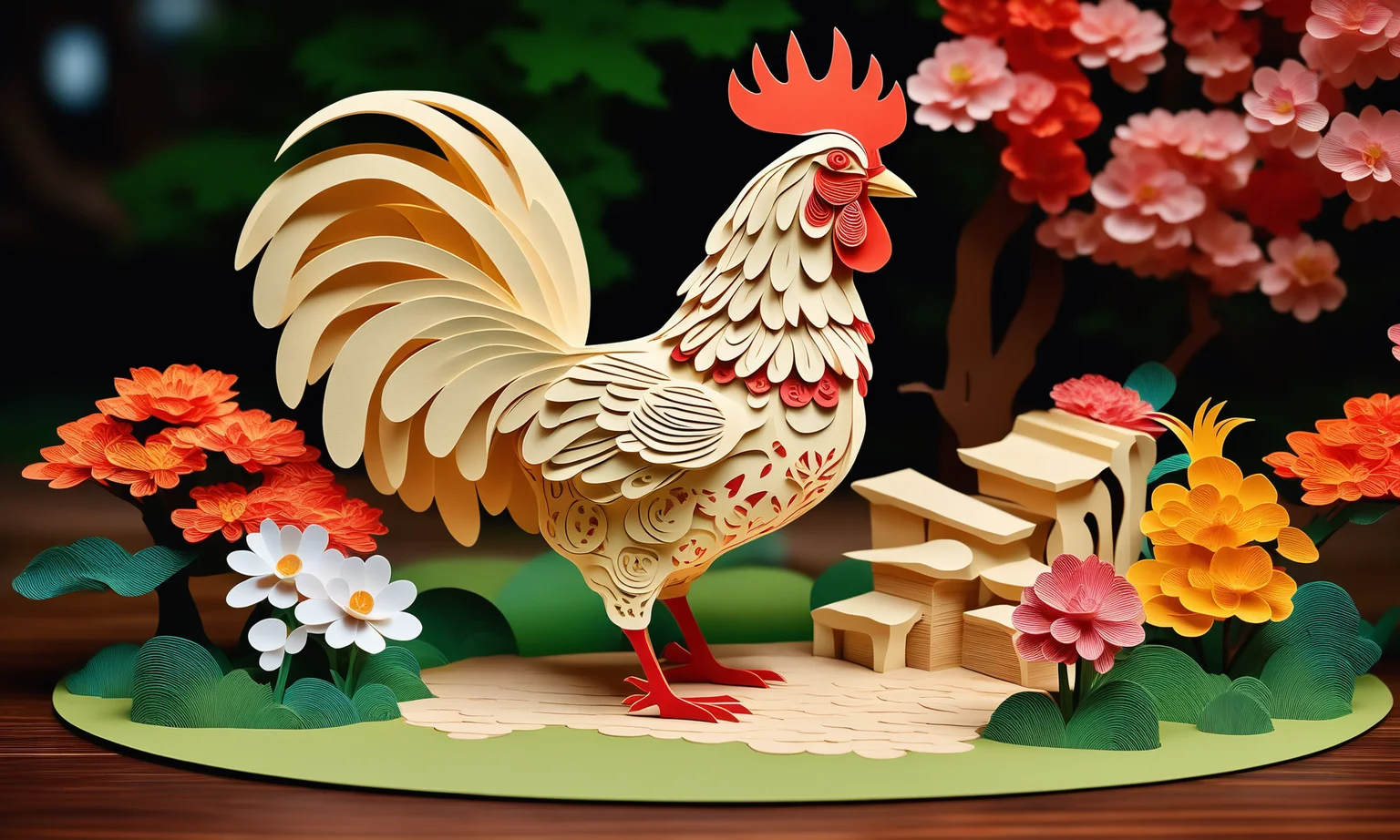 Kirigami representation of <lora:papercarvingcd_xl-000005:0.6>,a handmade sculpture of a cock made of papercarvingcd_xl in office scene,full body,scenery,tree,river,stone,lawn,miniature,tilt-shift,indoors,chinese zodiac,wooden table,cutie,cute,still life,animal statue,front view,facing viewer,looking at viewer,8K,HDR,UHD,masterpiece,best quality,highly detailed,high resolution,finely detail,extremely detailed,ultra detailed,wallpaper . 3D, paper folding, paper cutting, Japanese, intricate, symmetrical, precision, clean lines