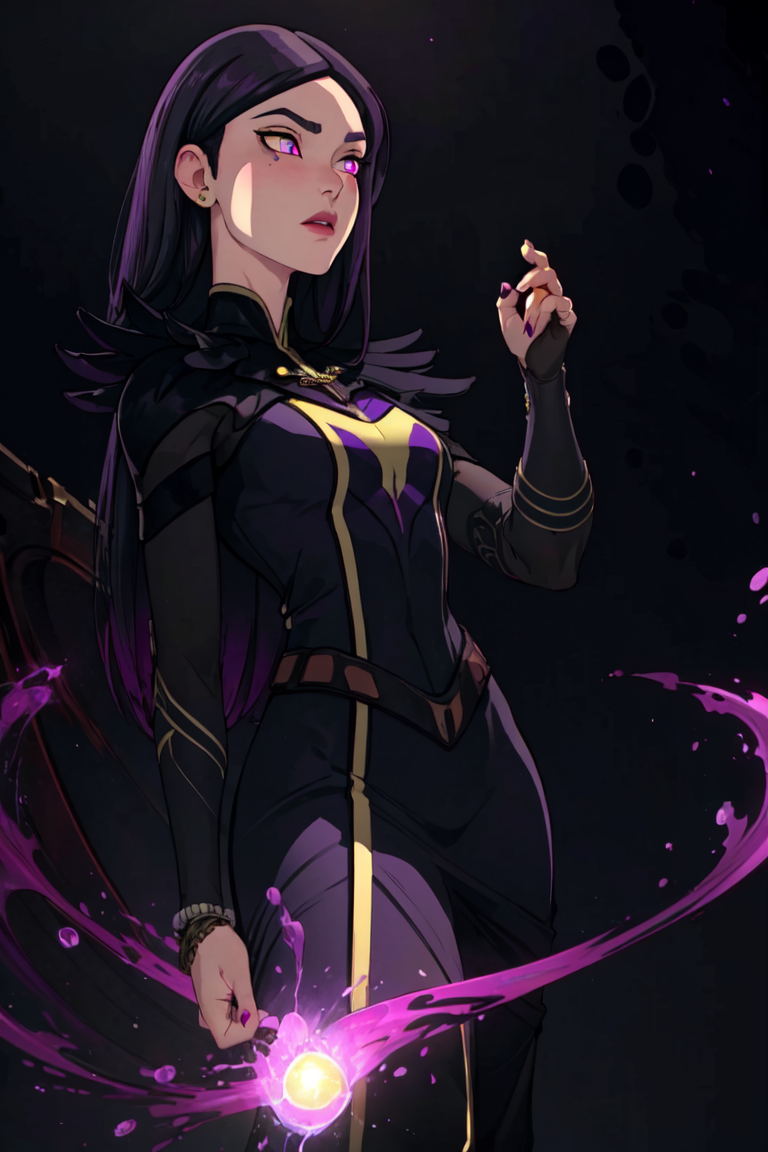 (Claudia), black dress, long hair, (glowing purple eyes, purple magic:1.2), casting a spell, (black and purple background, dark background:1.2), (realistic:1.2), (masterpiece:1.2), (full-body-shot:1),(Cowboy-shot:1.2), dark romantic lighting, (highly detailed:1.2), (detailed face:1.2), (gradients), colorful, detailed eyes, (natural lighting:1.2), solo, <lora:add_detail:0.3> <lora:DragonPrinceClaudia-10:0.8> <lora:BeautifulEyes:0.3>