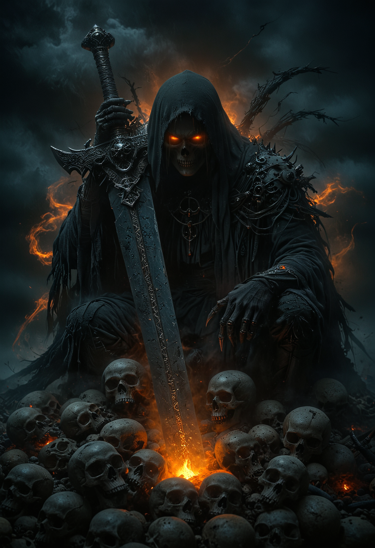 A sinister figure shrouded in tattered black robes with glowing orange eyes sits atop an enormous dark grey sword plunged into a pile of human skulls, The sword's blade emanates a soft orange light from runes etched down its center, mist of shadow curl around the figure, black smoke, skeletal hands adorned with ancient armor clasp the sword's hilt, sense of death and power under a murky grey sky, <lora:add-detail-xl:1>, <lora:- SDXL - vanta-black_contrast_V3.0:0.5>, <lora:MJ52:0.4>, <lora:EpicF4nta5yXL:0.7>, <lora:CinematicStyle_v1:0.8>, <lora:ral-ertmsphr:0.7>