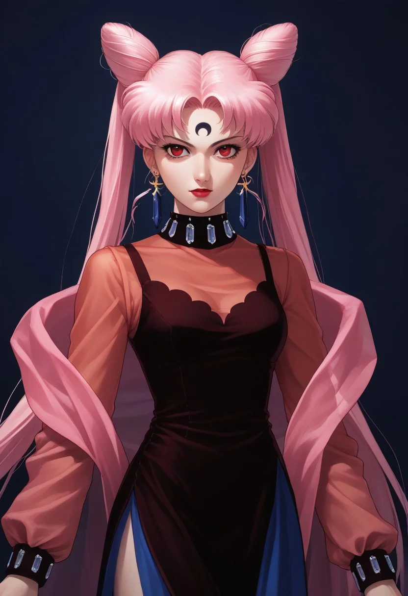 score_9,score_8_up,score_7_up, (90s anime style:2.0), masterpiece, best quality, 1girl, black lady, 1girl, solo, long hair, red eyes, dress, twintails, jewelry, very long hair, pink hair, earrings, hair bun, see-through, double bun, makeup, facial mark, lipstick, crescent, side slit, aged up, forehead mark, cone hair bun, crescent facial mark, crystal earrings