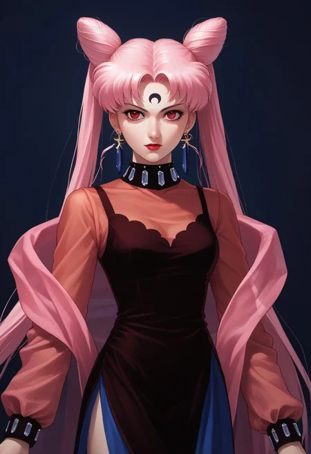 score_9,score_8_up,score_7_up, (90s anime style:2.0), masterpiece, best quality, 1girl, black lady, 1girl, solo, long hair, red eyes, dress, twintails, jewelry, very long hair, pink hair, earrings, hair bun, see-through, double bun, makeup, facial mark, lipstick, crescent, side slit, aged up, forehead mark, cone hair bun, crescent facial mark, crystal earrings