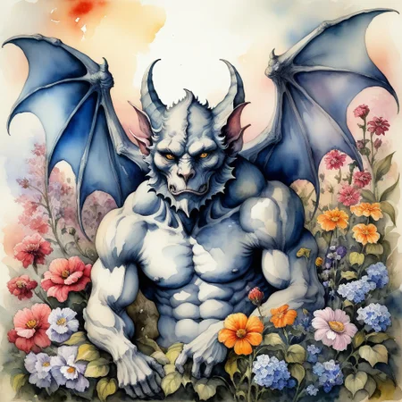 high detail, high quality, masterpiece, epic composition, watercolor on old paper, gargoyle creature amongst flowers