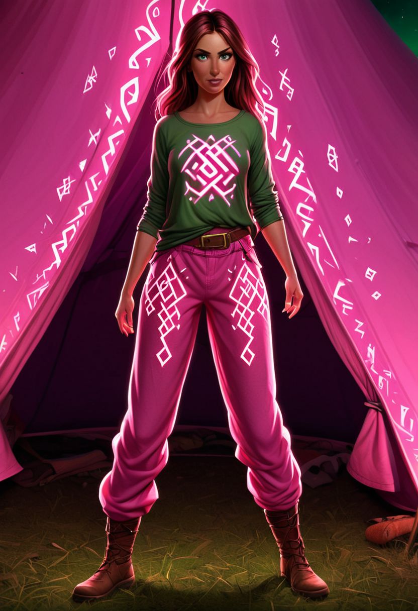 1woman, front and back, Flashfire glowing runes, digital art, cartoony realism, Loose Green pants, flowing Pink top, background is nomadic tents