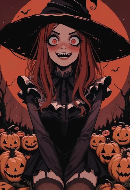 score_9, score_8_up, score_7_up, score_6_up, hllwn, halloween, vintage, source_anime, masterpiece, gloomy and sinister forest, giant red moon, giant pumpkins with evil luminous face, cute witch, red hair, red eyes, blushing, freckles, dark and orange two-tones sorceress dress, sorceress hat, halloween outfit, (two-tones stockings with frills:1.2), (crazy face:1.2), sadistic smile, focus on giant pumpkins