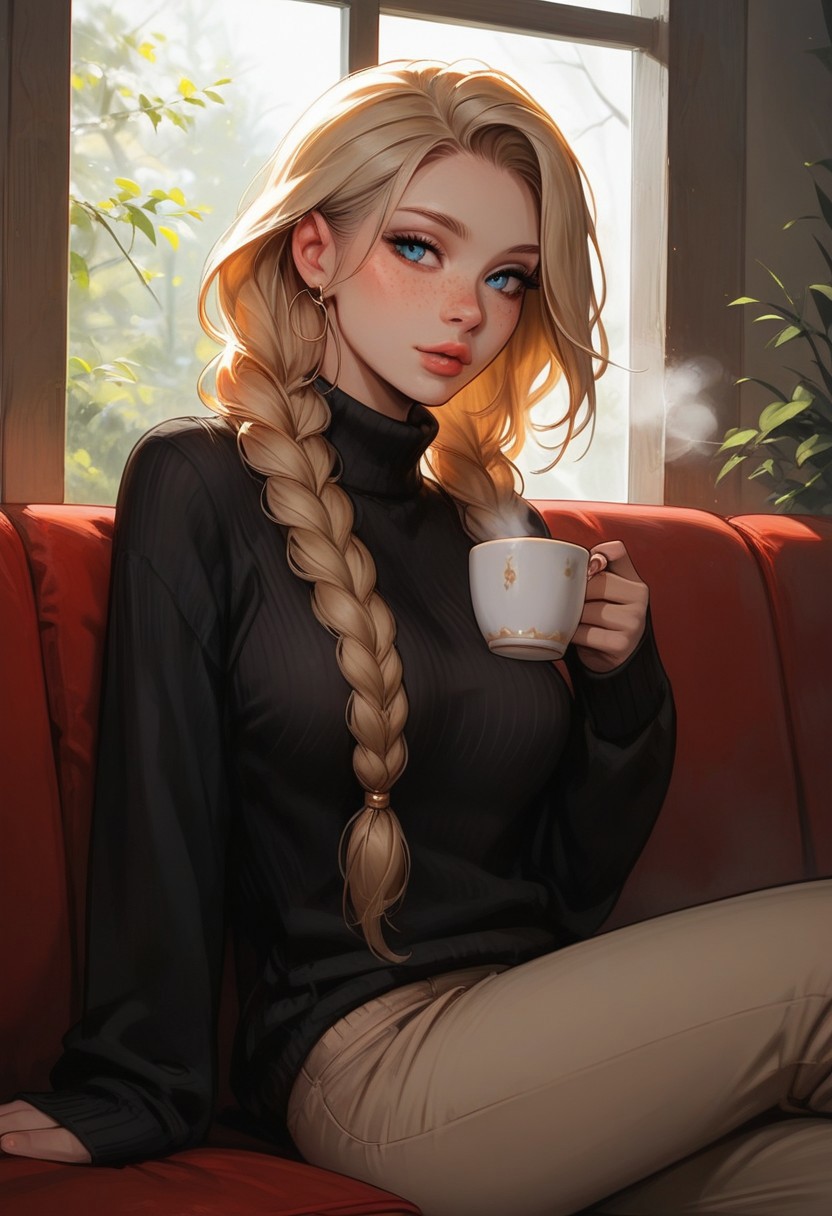 masterpiece, score_9, score_8_up, score_7_up, EasyNegative_v2, (best quality:1.1), ultra-detailed, high resolution, super detailed skin, Highly Visible, 8k, sharp focus, beautiful, perfect lighting, smooth edges, 18 year old girl, cute innocent girl, petite, slender body, large perky round breasts, freckles, full pouty lips, slim legs, braided blonde hair, twin braids, long braids, blue eyes, jewelry, black sweater, textured clothes, beige pants, holding cup, cup of tea, steam, hot tea, (1girl),solo, posing, sitting on couch, red couch, soft indoors lighting, bright daylight