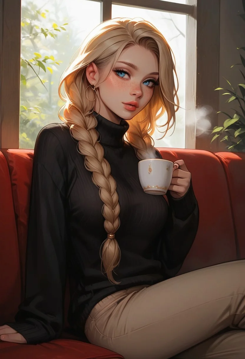 masterpiece, score_9, score_8_up, score_7_up, EasyNegative_v2, (best quality:1.1), ultra-detailed, high resolution, super detailed skin, Highly Visible, 8k, sharp focus, beautiful, perfect lighting, smooth edges, 18 year old girl, cute innocent girl, petite, slender body, large perky round breasts, freckles, full pouty lips, slim legs, braided blonde hair, twin braids, long braids, blue eyes, jewelry, black sweater, textured clothes, beige pants, holding cup, cup of tea, steam, hot tea, (1girl),solo, posing, sitting on couch, red couch, soft indoors lighting, bright daylight