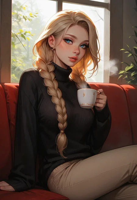 masterpiece, score_9, score_8_up, score_7_up, EasyNegative_v2, (best quality:1.1), ultra-detailed, high resolution, super detailed skin, Highly Visible, 8k, sharp focus, beautiful, perfect lighting, smooth edges, 18 year old girl, cute innocent girl, petite, slender body, large perky round breasts, freckles, full pouty lips, slim legs, braided blonde hair, twin braids, long braids, blue eyes, jewelry, black sweater, textured clothes, beige pants, holding cup, cup of tea, steam, hot tea, (1girl),solo, posing, sitting on couch, red couch, soft indoors lighting, bright daylight