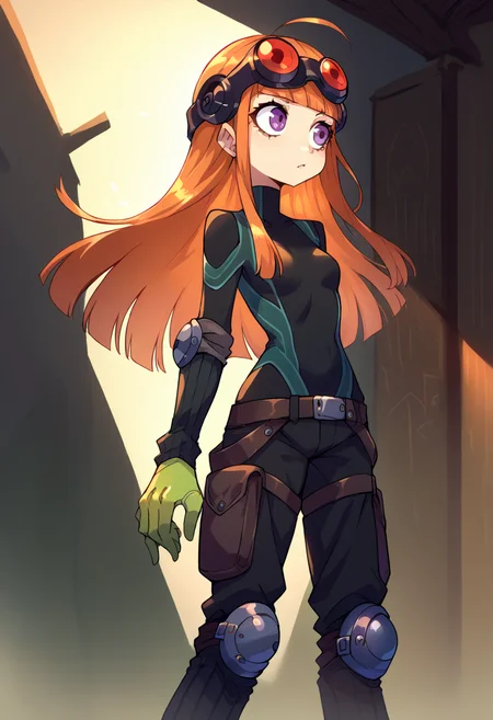<lora:RapscallionPony:1> <lora:zs_FutabaXL:0.8> futabaoracle, orange hair, long hair, blunt bangs, ahoge, purple eyes, goggles on head, black bodysuit, green gloves, black pants, belt, knee pads,, score_9, score_8_up, score_7_up, source_anime,