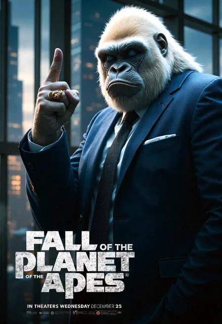 This is a very detailed and hyper realistic photograph, an albino gorilla with very white hair stands confidently in a huge bright room with large modern windows, we can see the city in the background and the blue sky. The albino gorilla with very white hair has bright blue eyes, wearing a large gold Rolex, wearing a royal blue suit, a white shirt and a black tie with a white staircase pattern. The gorilla raises his right arm in the air, the index finger pointing to the sky, the albino gorilla with very white hair exudes authority in a New York business meeting room, the scene is bright and colorful, the city is visible through floor-to-ceiling windows, a strong contrast of colors. The background is very detailed and realistic, with a scattered, shadowy and foggy atmosphere, giving the scene a cinematic feel. The image is a poster for the movie "FALL OF THE PLANET OF THE APES", written in large letters "FALL", "PLANET", "APES". The title of the movie is displayed in large, bold silver capital letters on the bottom left of the poster. Below the title, additional text indicates the release date: "IN THEATERS WEDNESDAY, DECEMBER 25". The poster also includes information and the hashtag #ApesWillFall. The overall design of the poster is dramatic and impactful, with a central gorilla figure and a city in the background.