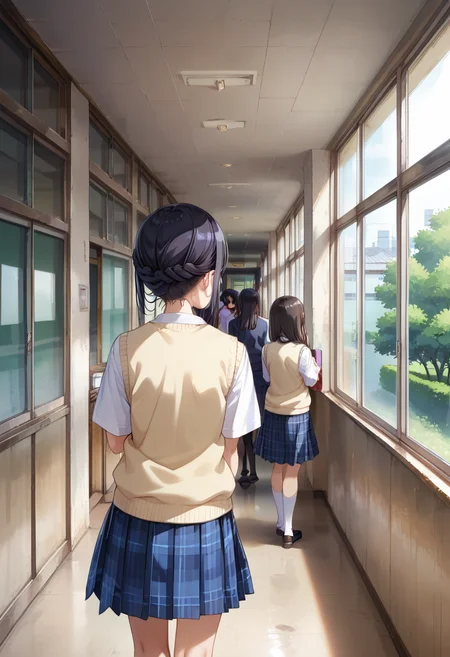 score_9, score_8_up, score_7_up, rating_safe, masterpiece, best quality, absurdres, unity 8k wallpaper, official art, official style, source_anime, uncensored, game cg, megami magazine,
rouka, school, multiple girls, school uniform, skirt, window, hallway, indoors, black hair, 2girls, scenery, from behind, multiple boys, tree, vest, plaid, sunlight, sweater vest, plaid skirt, 3girls,  
 <lora:gakkou_rouka_PONY_V2:1>