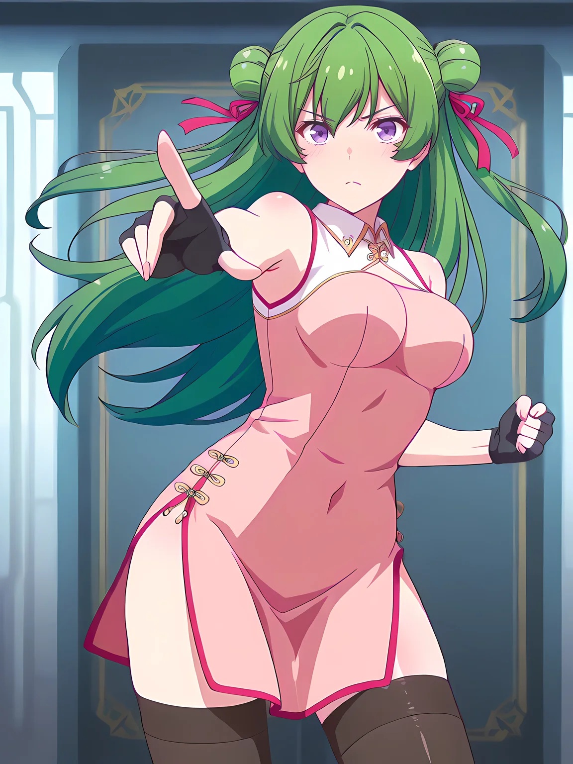 (masterpiece, very aesthetic, absurdres, best quality, high quality, cinematic shadow:1.4), body blush,character focus,perfect hands,medium breasts,sidelocks, cowboy shot, <lora:HandFixer_pdxl_Incrs_v1:1> handfixer,looking at viewer,<lora:StS-Illustrious-Detail-Slider-v1.0:3>, <lora:bai:1>,bai, long hair, green hair, bangs,double bun,hair ribbon, purple eyes,
baidress,bare shoulders, sleeveless chinese dress, pink dress,cleavage cutout, black fingerless gloves, side slit,black thighhighs,dynamic pose,