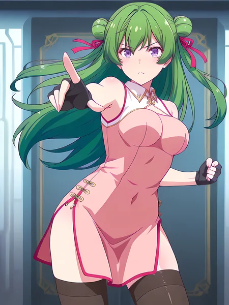(masterpiece, very aesthetic, absurdres, best quality, high quality, cinematic shadow:1.4), body blush,character focus,perfect hands,medium breasts,sidelocks, cowboy shot, <lora:HandFixer_pdxl_Incrs_v1:1> handfixer,looking at viewer,<lora:StS-Illustrious-Detail-Slider-v1.0:3>, <lora:bai:1>,bai, long hair, green hair, bangs,double bun,hair ribbon, purple eyes,
baidress,bare shoulders, sleeveless chinese dress, pink dress,cleavage cutout, black fingerless gloves, side slit,black thighhighs,dynamic pose,