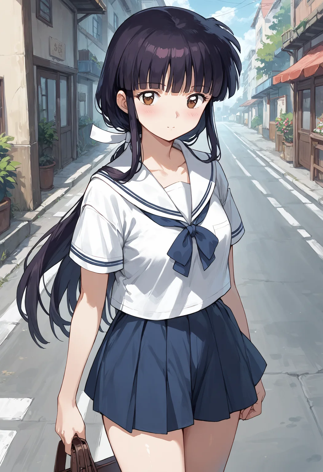 score_9, score_8_up, score_7_up, , source_anime, , 1girl, , , solo, kikyoinu, , black hair, brown eyes,, hair ribbon, long hair, blunt bangs, sidelocks, low ponytail, <lora:kikyo_inuyasha_pony:0.8>, serafuku, miniskirt, cowboy shot, thighs, looking at viewer, road, short sleeves,
