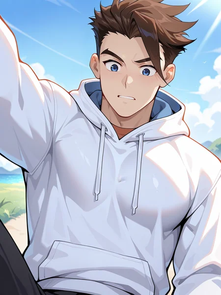 anthro,masterpiece,best quality,amazing quality,very aesthetic,absurdres,1boy,newest,male,absolute_territory,pectorals,detailed,feet,muscular,gao xun,brown hair,short hair,blue eyes,spiky hair,<lora:é«è¿
:1>,outdoor,day,from the front,wearing a white hoodie,upper_body,