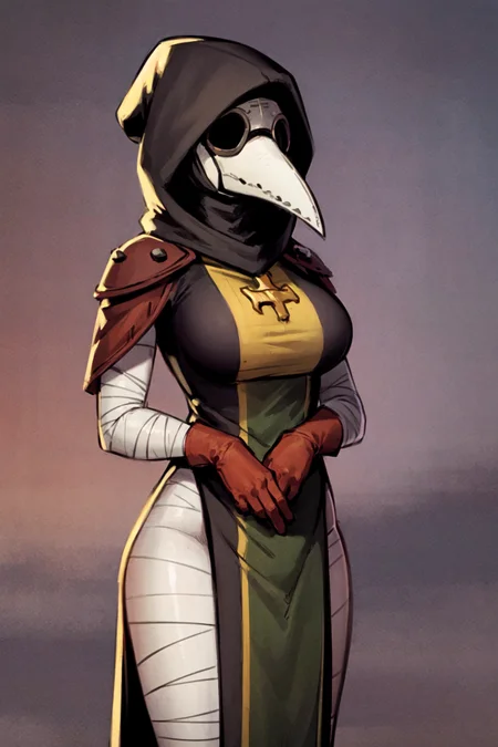 plague doctor, 1girl, solo, hood, mask, gloves, faceless, plague doctor mask, bandage, tabard, medieval, breasts, arms at sides,