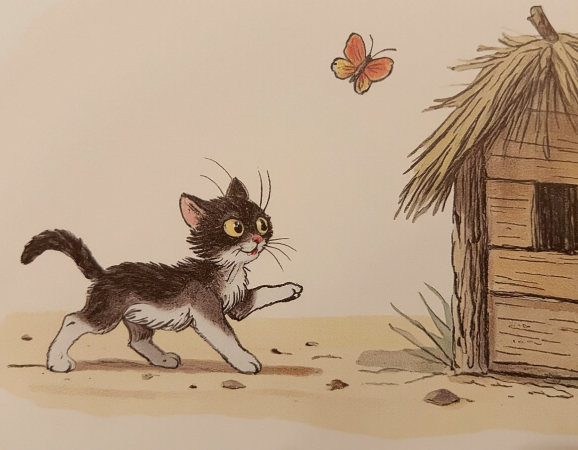 <lora:suteev:1>, A playful kitten chasing a butterfly near a small wooden house with a thatched roof, in the artistic style of Vladimir Suteev â colorful, gentle outlines, and full of warmth and charm.