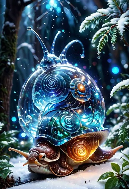 a  crystaline garden snail , sparks, glowing, winter theme, snow,
