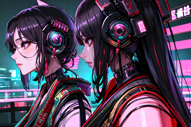 highly insanely detailed, masterpiece, top quality, best quality, highres, 4k, 8k, RAW photo, (very aesthetic, beautiful and aesthetic), ancient japanese cyberpunk, 
a colorful background,gradient background, 
<lora:two_side_up-1.0:0>âââ