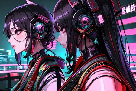 highly insanely detailed, masterpiece, top quality, best quality, highres, 4k, 8k, RAW photo, (very aesthetic, beautiful and aesthetic), ancient japanese cyberpunk,
a colorful background,gradient background,
<lora:two_side_up-1.0:0>âââ
