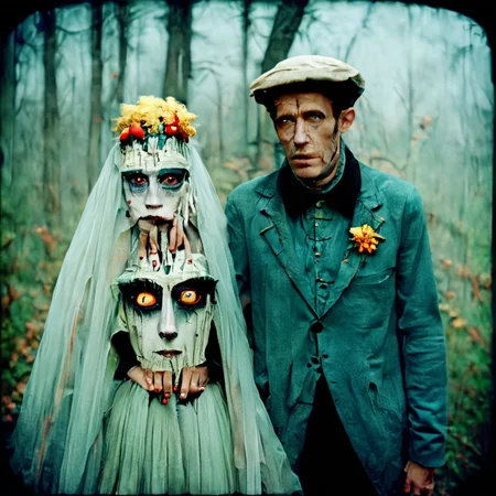 a man and a woman dressed in costume <lora:oldMJstyle_v1_SDXL:0.8> by oldMJstyle