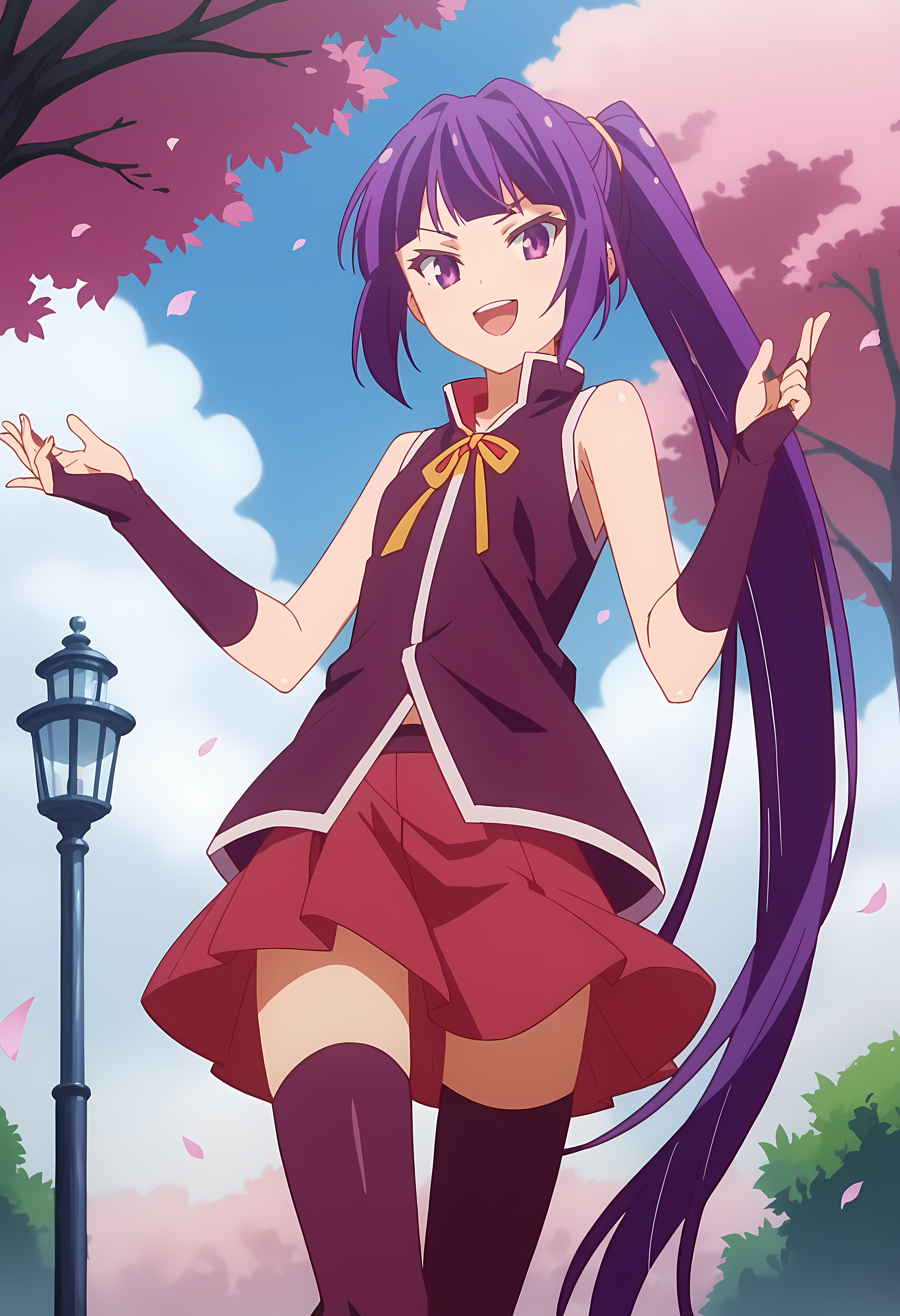 score_9, score_8_up, score_7_up, source_anime, 2d,
Chlammy Zell, 1girl, purple hair, long side strand, purple eyes, small breasts, purple shirt, bare shoulders,  purple gloves, yellow ribbon, black undershirt, red skirt, purple pantyhose,
anime coloring, anime screencap, detailed eyes, zPDXL, perfect faces, uncensored, rating_explicit,  <lora:chlammy_zell_1-000035:1>
looking at viewer, smile, park, open mouth, petals, hands up, from below,