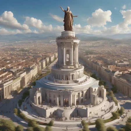 photo, photorealistic, A grand monument of a goddess in a square, with one hand raised high in the sky, on a clear weather day, surrounded by numerous people, high quality, realisticvision-negative-embedding