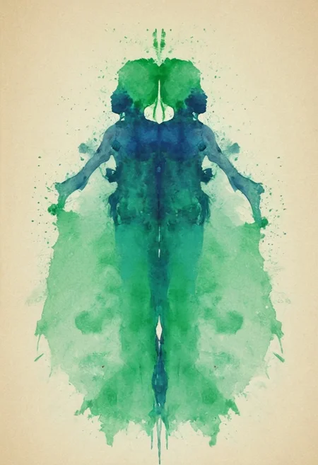 A rorschach-test resembling two symmetrical woman, your mums hugging, long hair, happy mood trigger, dark Blue/green translucent ink splashes