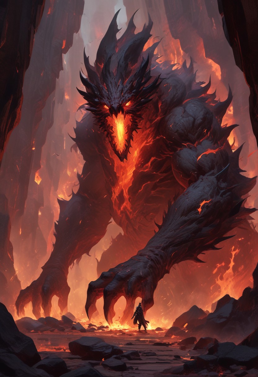 "Inside a vast, dark volcanic cave, the walls glow with the fiery red-orange light of molten lava flowing through cracks in the stone. In the center of the cave stands Shadow Fiend, Nevermore, a towering, menacing figure cloaked in darkness and shadowy flames. His glowing red eyes pierce through the gloom as he stands tall, his sharp claws outstretched, radiating an aura of dread and power. The ground beneath him is scorched, with small embers rising around his feet. He looks down the cave tunnel with a mix of impatience and malevolence, waiting for a worthy challenger to step into his domain. The scene is filled with an intense, oppressive atmosphere, with smoke and heat swirling in the air, making the cave feel like the very heart of a volcano."