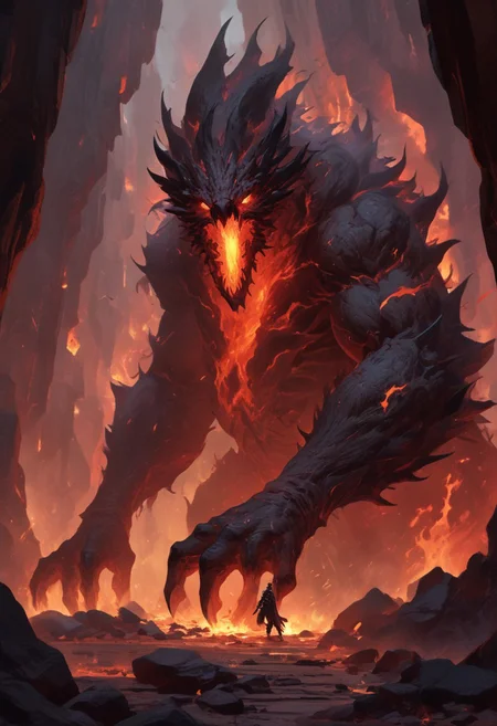 "Inside a vast, dark volcanic cave, the walls glow with the fiery red-orange light of molten lava flowing through cracks in the stone. In the center of the cave stands Shadow Fiend, Nevermore, a towering, menacing figure cloaked in darkness and shadowy flames. His glowing red eyes pierce through the gloom as he stands tall, his sharp claws outstretched, radiating an aura of dread and power. The ground beneath him is scorched, with small embers rising around his feet. He looks down the cave tunnel with a mix of impatience and malevolence, waiting for a worthy challenger to step into his domain. The scene is filled with an intense, oppressive atmosphere, with smoke and heat swirling in the air, making the cave feel like the very heart of a volcano."