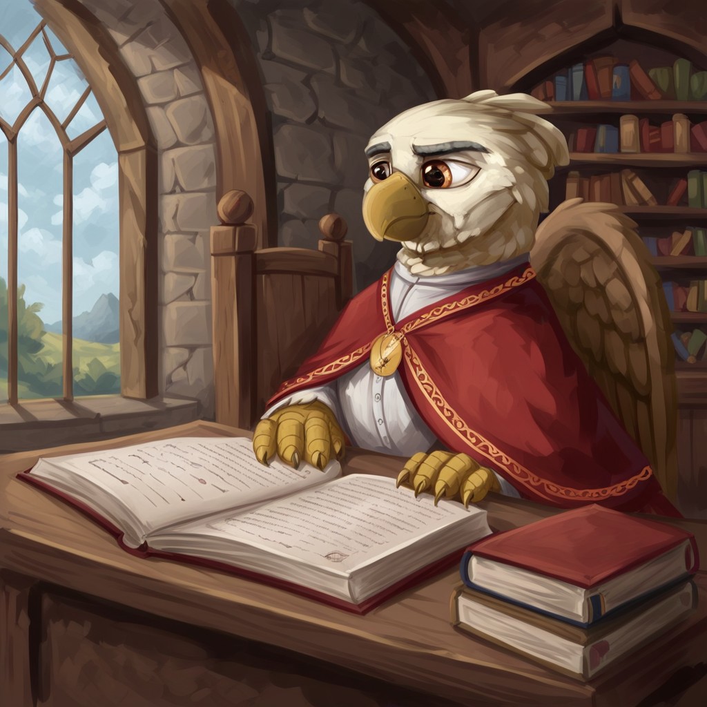 masterpiece, score_9_up, score_8_up, score_7_up, score_6_up, (best quality:1.1), ultra-detailed, high resolution, solo, Archon Eros VII, mlp, griffon, avian, old, feral, male, brown eyes, thick black eyebrows, beak, closed mouth, feathery, wings, full body, red religious clothing, red yarmulke, jewelry, necklace, detailed facial features, expressiveh, black indoors, medieval, home, wooden table, rich decor, sitting, leaning on table, bookshelf, throne, books, candle on table, inkwell, three quarter view, looking down, detailed facial features, expressiveh, highly visible, sharp focus, anatomically correct, detailed background