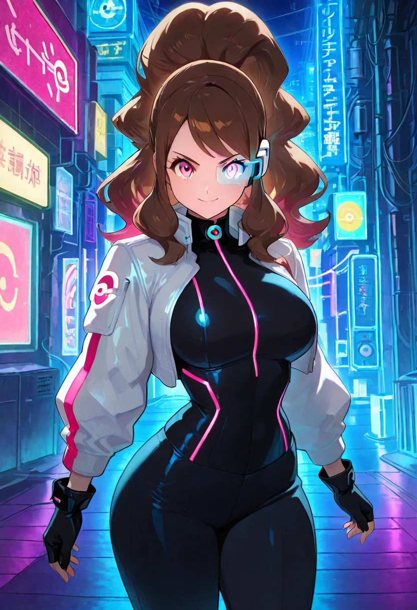 masterpiece, best quality, solo, curvy, beautiful eyes, zzHildaLuxCitron, pink eyes, brown hair, high ponytail, long hair, multicolored hair, pink hair, ponytail, sidelocks, white jacket, long sleeves, shiny, pants, black gloves, cyberpunk, scouter, , <lora:HildaLuxVolt_IXL:1.0>,, smile, looking at viewer, cowboy shot, <lora:IckpotIXL_v1:1.0>,