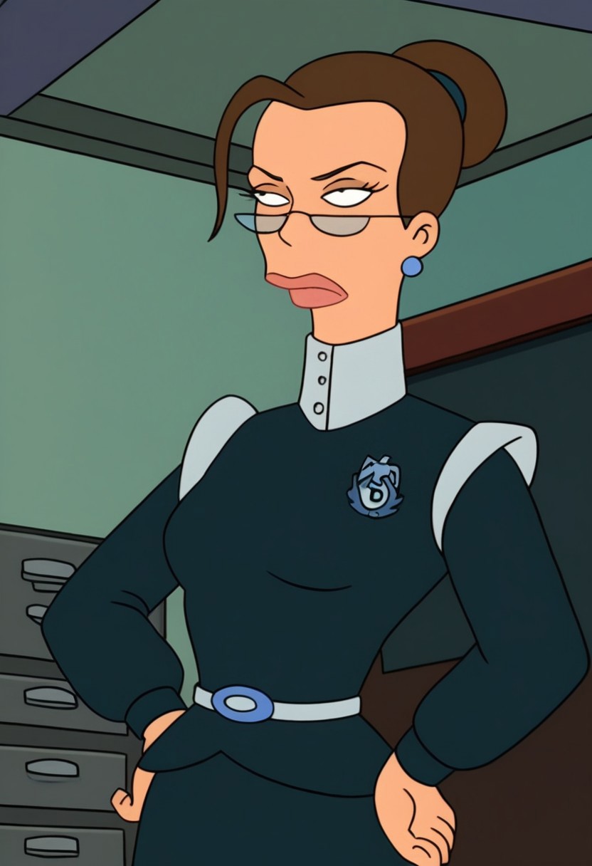 Score_9_up, score_8_up, score_7_up, BREAK 1girl, solo, morganfu, earrings, brown hair, unifrom, glasses, skirt, belt, single hair bun, strand of hair over forehead, hand on hip, office