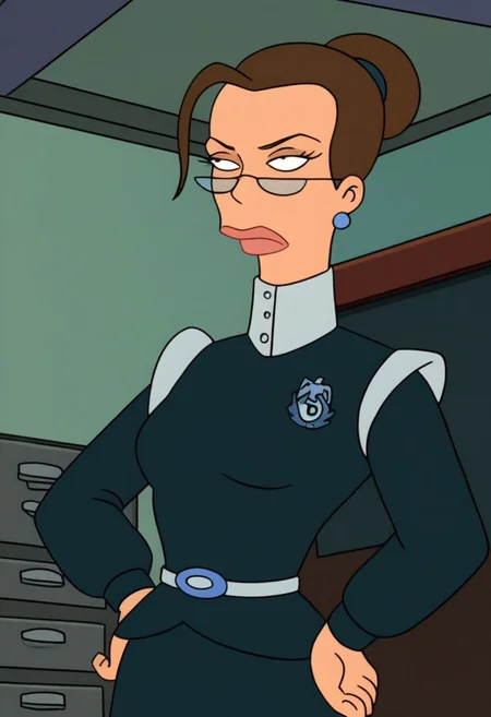 Score_9_up, score_8_up, score_7_up, BREAK 1girl, solo, morganfu, earrings, brown hair, unifrom, glasses, skirt, belt, single hair bun, strand of hair over forehead, hand on hip, office