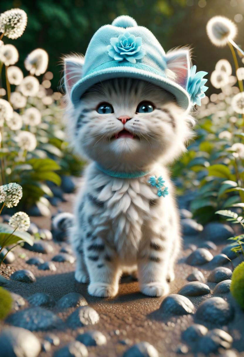 ral-fluff,<lora:ral-fluff:1>,
chibi,masterpiece,best quality,original,official art, silver metallic kitten,hat,flower,blurry background,rendering,beautiful detailed glow,(detailed ice),beautiful detailed water,sunny, blurred flower, happy,grin