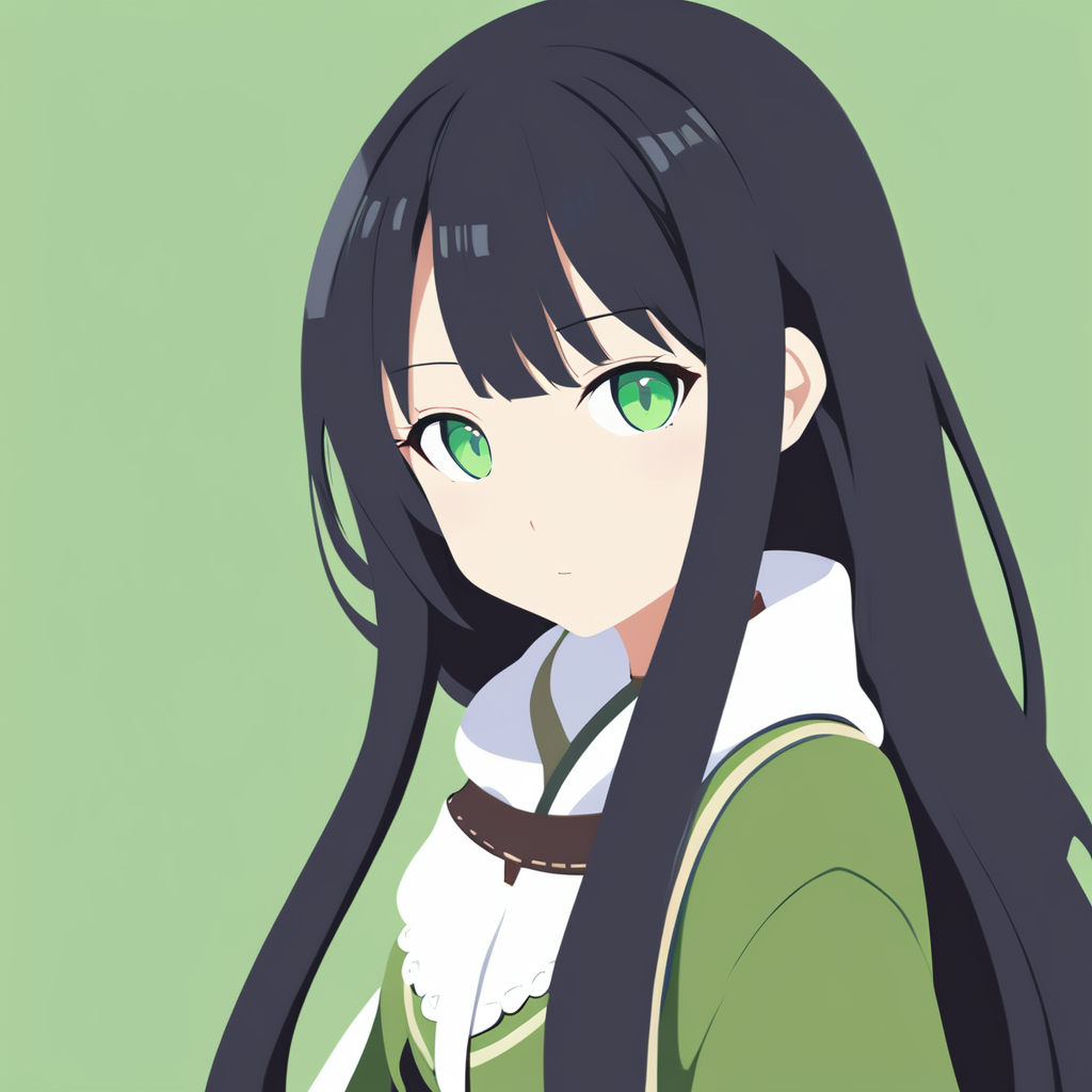 (masterpiece:1.2), (best quality:1.4), vector-artstyle, flat color, 1girl, long hair, black hair, green eyes, simple background, <lora:vector-artstyle-000003:0.8>