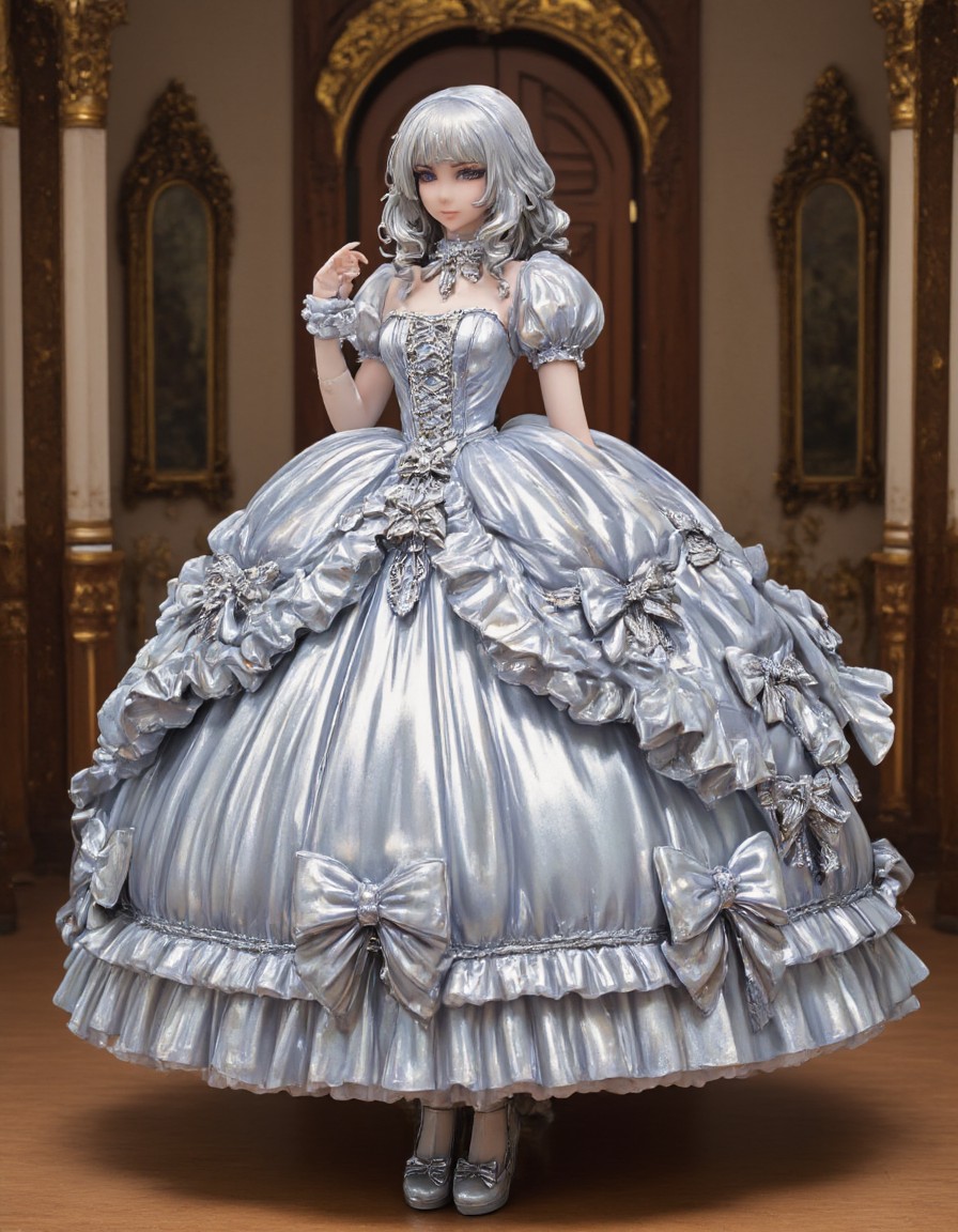 Art by benangbaja featuring a beautiful princess wearing metallic platinum princess dress decorated with many shiny bows and frills. Her very long platinum blonde hair is decorated with many shiny bows and ribbons. She is also wearing metallic platinum bridal gauntlets and metallic platinum high heels with bows. She is standing in the castle ballroom.
sweetegl,
(metallic, platinum:1.2), indoors, ballroom, solo,
(shiny glossy metallic platinum clothing, gleaming oily metallic platinum fabric:1.1), flat chest, kdny_body_flux